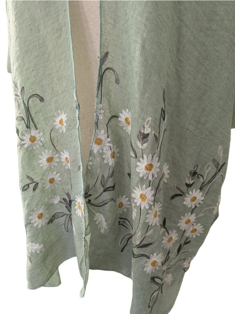 NWOT Sage Green Open-front Woven Kimono with Embroidered Daisy Hem